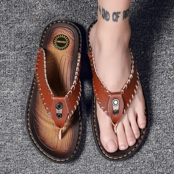 Men's Vintage Brown Faux Leather Flip Flops - Handmade Open-Toe Summer Sandals with Non-Slip Sole for Beach, Travel and Casual Wear