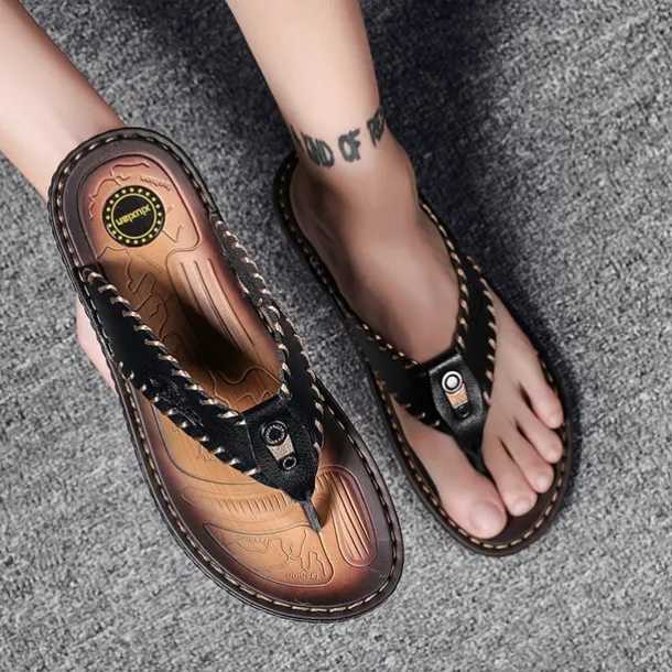 Men's Vintage Brown Faux Leather Flip Flops - Handmade Open-Toe Summer Sandals with Non-Slip Sole for Beach, Travel and Casual Wear