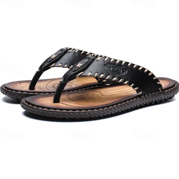 Men's Vintage Brown Faux Leather Flip Flops - Handmade Open-Toe Summer Sandals with Non-Slip Sole for Beach, Travel and Casual Wear