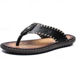 Men's Vintage Brown Faux Leather Flip Flops - Handmade Open-Toe Summer Sandals with Non-Slip Sole for Beach, Travel and Casual Wear