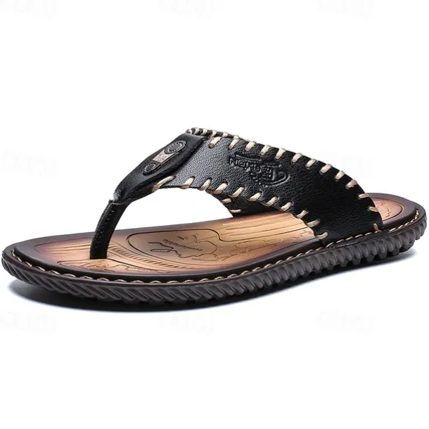 Men's Vintage Brown Faux Leather Flip Flops - Handmade Open-Toe Summer Sandals with Non-Slip Sole for Beach, Travel and Casual Wear