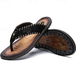 Men's Vintage Brown Faux Leather Flip Flops - Handmade Open-Toe Summer Sandals with Non-Slip Sole for Beach, Travel and Casual Wear