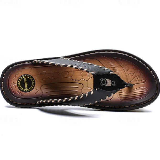 Men's Vintage Brown Faux Leather Flip Flops - Handmade Open-Toe Summer Sandals with Non-Slip Sole for Beach, Travel and Casual Wear