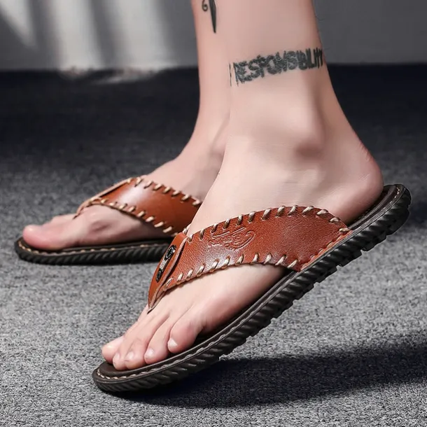 Men's Vintage Brown Faux Leather Flip Flops - Handmade Open-Toe Summer Sandals with Non-Slip Sole for Beach, Travel and Casual Wear
