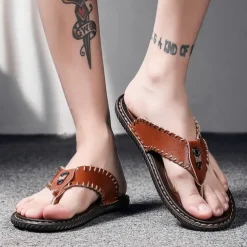 Men's Vintage Brown Faux Leather Flip Flops - Handmade Open-Toe Summer Sandals with Non-Slip Sole for Beach, Travel and Casual Wear