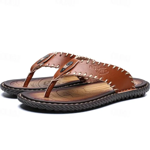 Men's Vintage Brown Faux Leather Flip Flops - Handmade Open-Toe Summer Sandals with Non-Slip Sole for Beach, Travel and Casual Wear