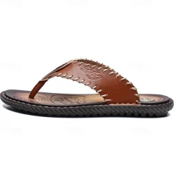 Men's Vintage Brown Faux Leather Flip Flops - Handmade Open-Toe Summer Sandals with Non-Slip Sole for Beach, Travel and Casual Wear