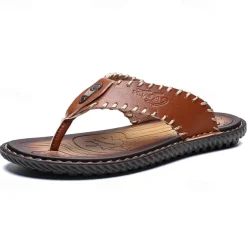 Men's Vintage Brown Faux Leather Flip Flops - Handmade Open-Toe Summer Sandals with Non-Slip Sole for Beach, Travel and Casual Wear