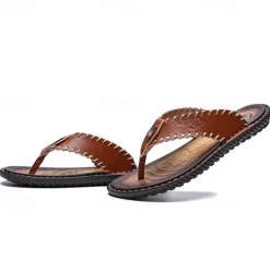 Men's Vintage Brown Faux Leather Flip Flops - Handmade Open-Toe Summer Sandals with Non-Slip Sole for Beach, Travel and Casual Wear