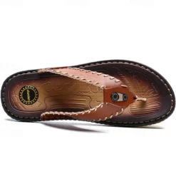 Men's Vintage Brown Faux Leather Flip Flops - Handmade Open-Toe Summer Sandals with Non-Slip Sole for Beach, Travel and Casual Wear