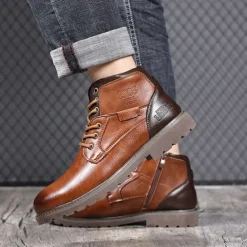 Men's Vintage Brown Faux Leather Ankle Boots – Classic Lace-Up Design with Rugged Sole for Work & Casual Wear