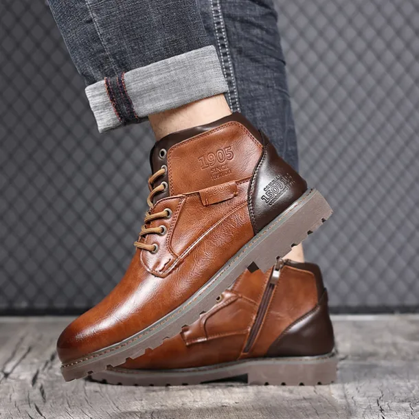 Men's Vintage Brown Faux Leather Ankle Boots – Classic Lace-Up Design with Rugged Sole for Work & Casual Wear