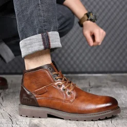 Men's Vintage Brown Faux Leather Ankle Boots – Classic Lace-Up Design with Rugged Sole for Work & Casual Wear