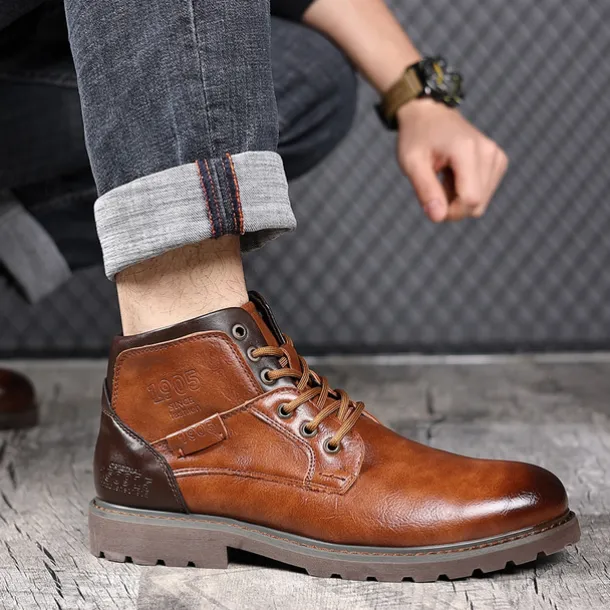 Men's Vintage Brown Faux Leather Ankle Boots – Classic Lace-Up Design with Rugged Sole for Work & Casual Wear
