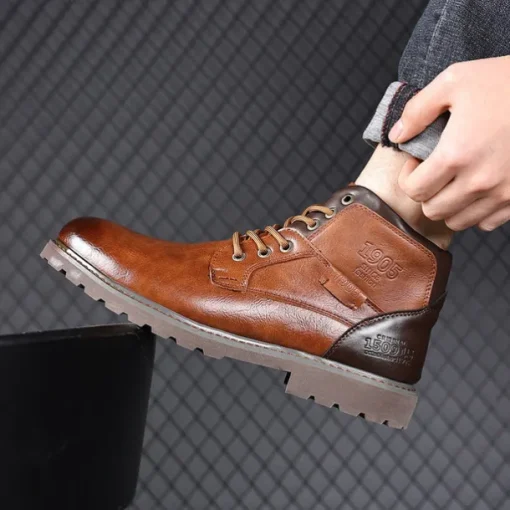 Men's Vintage Brown Faux Leather Ankle Boots – Classic Lace-Up Design with Rugged Sole for Work & Casual Wear