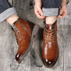 Men's Vintage Brown Faux Leather Ankle Boots – Classic Lace-Up Design with Rugged Sole for Work & Casual Wear