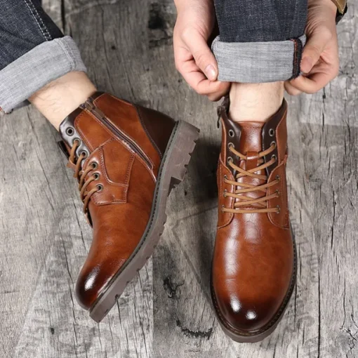 Men's Vintage Brown Faux Leather Ankle Boots – Classic Lace-Up Design with Rugged Sole for Work & Casual Wear