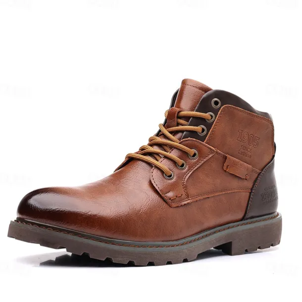 Men's Vintage Brown Faux Leather Ankle Boots – Classic Lace-Up Design with Rugged Sole for Work & Casual Wear