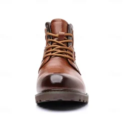Men's Vintage Brown Faux Leather Ankle Boots – Classic Lace-Up Design with Rugged Sole for Work & Casual Wear