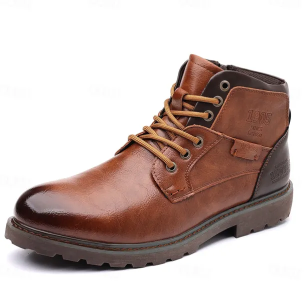 Men's Vintage Brown Faux Leather Ankle Boots – Classic Lace-Up Design with Rugged Sole for Work & Casual Wear