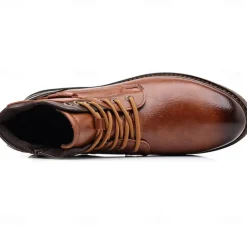 Men's Vintage Brown Faux Leather Ankle Boots – Classic Lace-Up Design with Rugged Sole for Work & Casual Wear