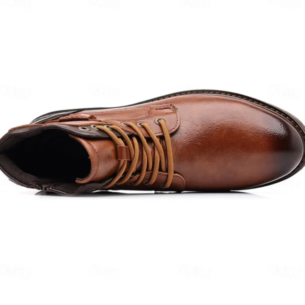Men's Vintage Brown Faux Leather Ankle Boots – Classic Lace-Up Design with Rugged Sole for Work & Casual Wear