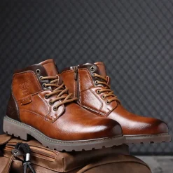 Men's Vintage Brown Faux Leather Ankle Boots – Classic Lace-Up Design with Rugged Sole for Work & Casual Wear