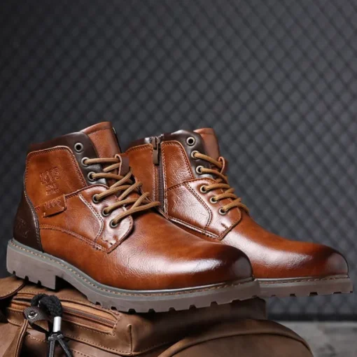 Men's Vintage Brown Faux Leather Ankle Boots – Classic Lace-Up Design with Rugged Sole for Work & Casual Wear