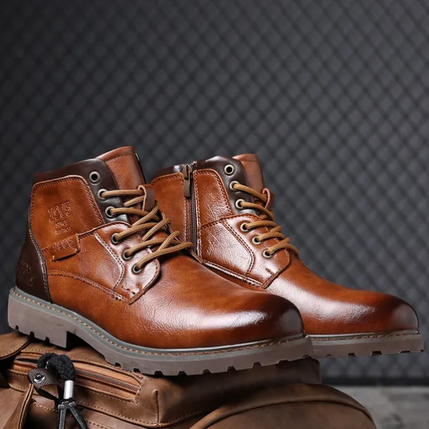 Men's Vintage Brown Faux Leather Ankle Boots – Classic Lace-Up Design with Rugged Sole for Work & Casual Wear
