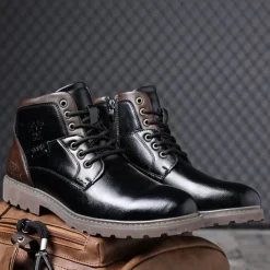 Men's Vintage Brown Faux Leather Ankle Boots – Classic Lace-Up Design with Rugged Sole for Work & Casual Wear