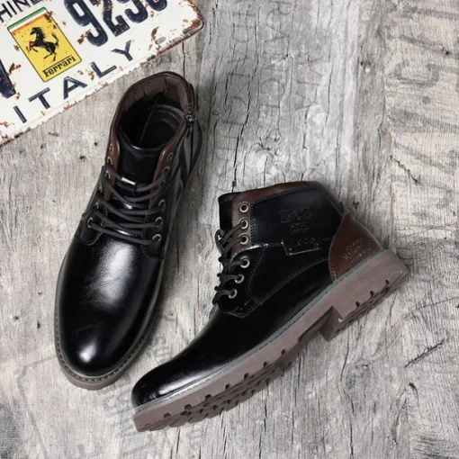 Men's Vintage Brown Faux Leather Ankle Boots – Classic Lace-Up Design with Rugged Sole for Work & Casual Wear