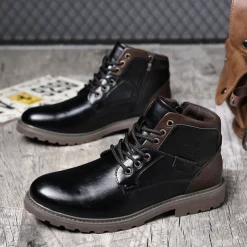 Men's Vintage Brown Faux Leather Ankle Boots – Classic Lace-Up Design with Rugged Sole for Work & Casual Wear