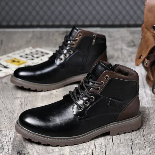 Men's Vintage Brown Faux Leather Ankle Boots – Classic Lace-Up Design with Rugged Sole for Work & Casual Wear