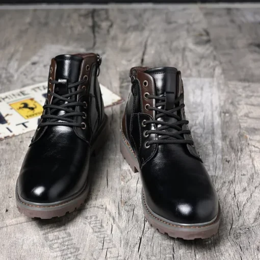 Men's Vintage Brown Faux Leather Ankle Boots – Classic Lace-Up Design with Rugged Sole for Work & Casual Wear