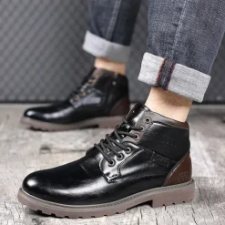 Men's Vintage Brown Faux Leather Ankle Boots – Classic Lace-Up Design with Rugged Sole for Work & Casual Wear