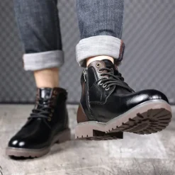 Men's Vintage Brown Faux Leather Ankle Boots – Classic Lace-Up Design with Rugged Sole for Work & Casual Wear