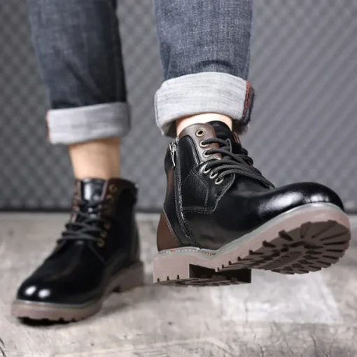 Men's Vintage Brown Faux Leather Ankle Boots – Classic Lace-Up Design with Rugged Sole for Work & Casual Wear