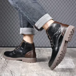 Men's Vintage Brown Faux Leather Ankle Boots – Classic Lace-Up Design with Rugged Sole for Work & Casual Wear