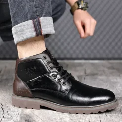 Men's Vintage Brown Faux Leather Ankle Boots – Classic Lace-Up Design with Rugged Sole for Work & Casual Wear