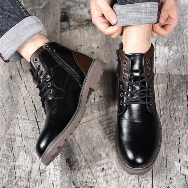 Men's Vintage Brown Faux Leather Ankle Boots – Classic Lace-Up Design with Rugged Sole for Work & Casual Wear