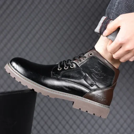 Men's Vintage Brown Faux Leather Ankle Boots – Classic Lace-Up Design with Rugged Sole for Work & Casual Wear