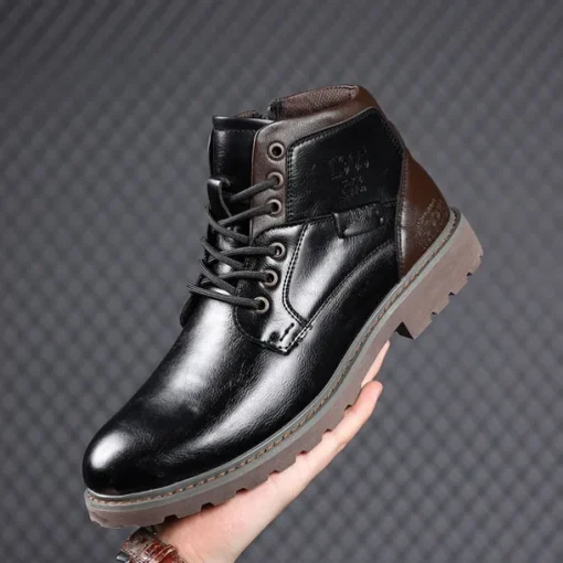 Men's Vintage Brown Faux Leather Ankle Boots – Classic Lace-Up Design with Rugged Sole for Work & Casual Wear