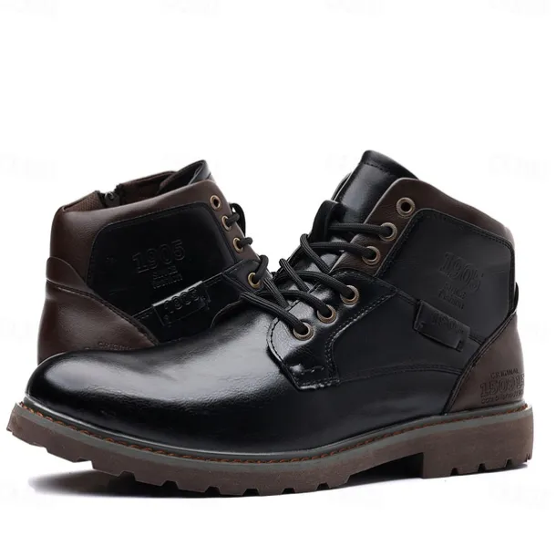 Men's Vintage Brown Faux Leather Ankle Boots – Classic Lace-Up Design with Rugged Sole for Work & Casual Wear