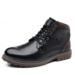 Men's Vintage Brown Faux Leather Ankle Boots – Classic Lace-Up Design with Rugged Sole for Work & Casual Wear