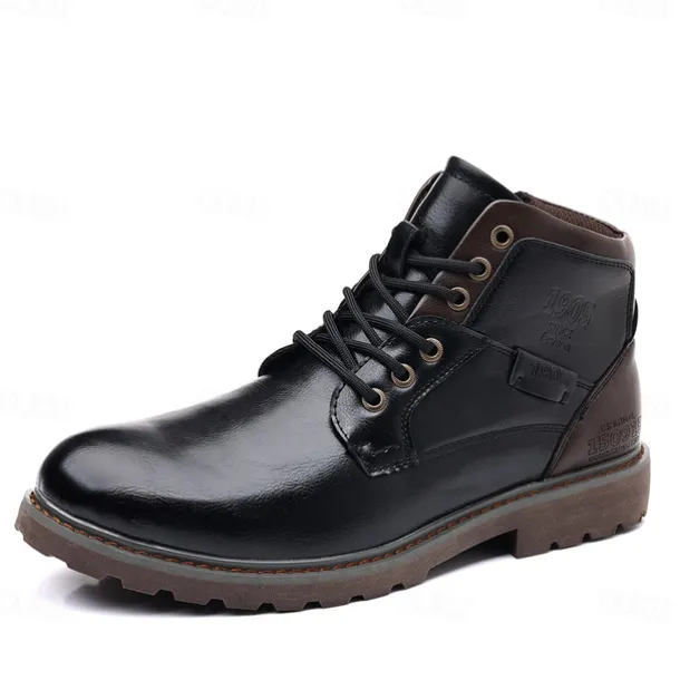 Men's Vintage Brown Faux Leather Ankle Boots – Classic Lace-Up Design with Rugged Sole for Work & Casual Wear