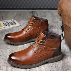 Men's Vintage Brown Faux Leather Ankle Boots – Classic Lace-Up Design with Rugged Sole for Work & Casual Wear