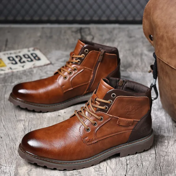 Men's Vintage Brown Faux Leather Ankle Boots – Classic Lace-Up Design with Rugged Sole for Work & Casual Wear