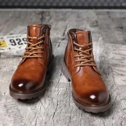 Men's Vintage Brown Faux Leather Ankle Boots – Classic Lace-Up Design with Rugged Sole for Work & Casual Wear