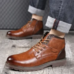 Men's Vintage Brown Faux Leather Ankle Boots – Classic Lace-Up Design with Rugged Sole for Work & Casual Wear