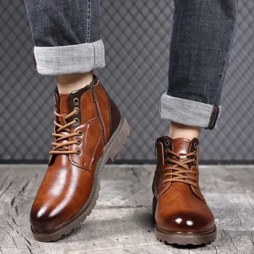 Men's Vintage Brown Faux Leather Ankle Boots – Classic Lace-Up Design with Rugged Sole for Work & Casual Wear